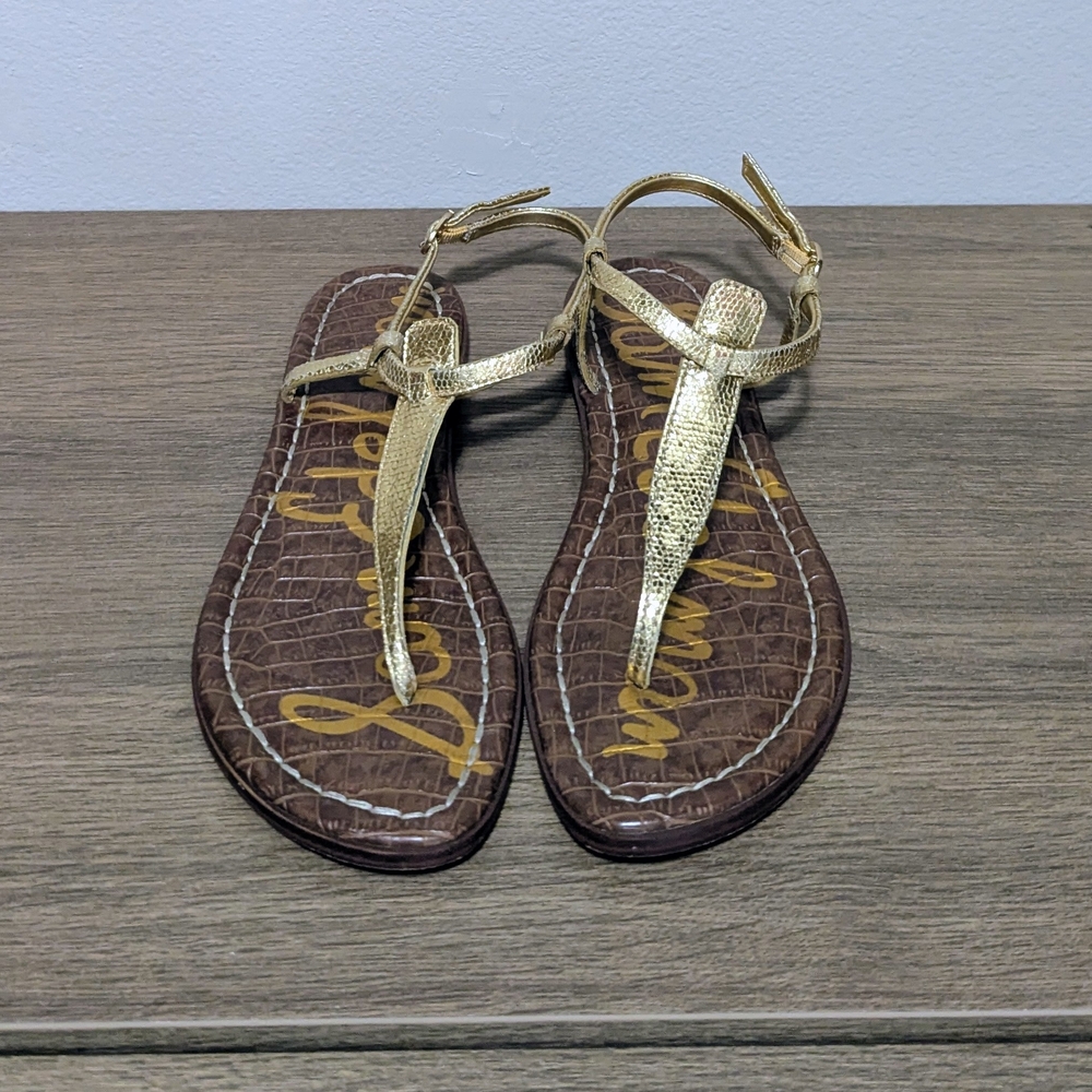 Gold T-Strap Sandals with Brown Croc Footbed